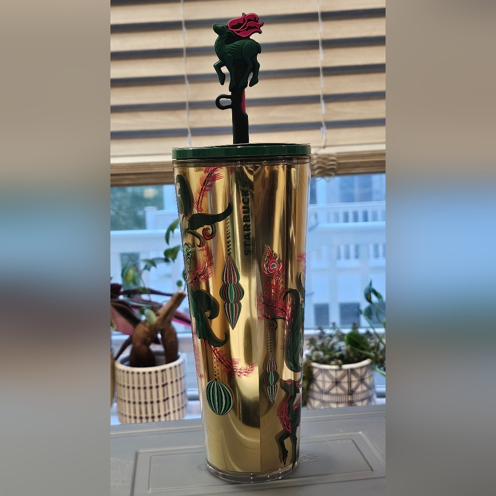 2024 Holiday Starbucks Gold and Green Tumbler with Elegant Accents
